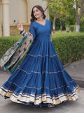 Elegant Rama Gota Patti Rayon Festival Wear Gown With Dupatta