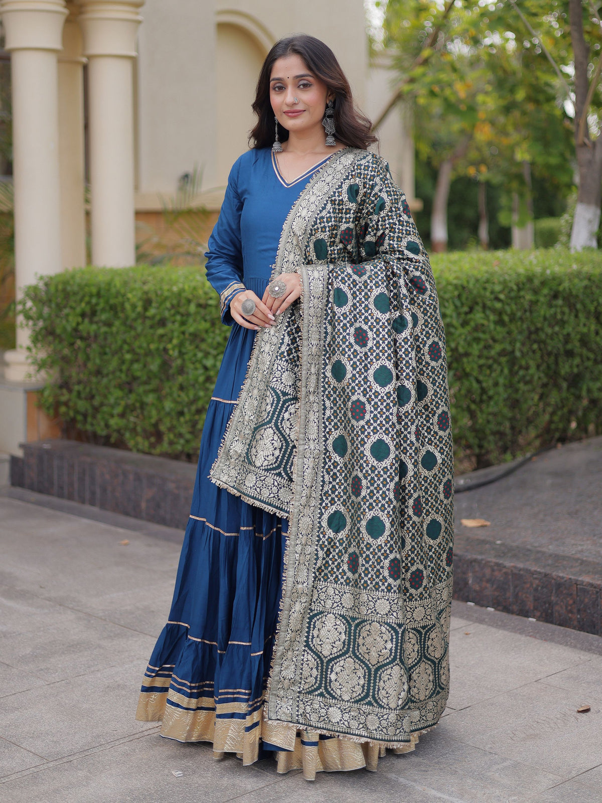 Elegant Rama Gota Patti Rayon Festival Wear Gown With Dupatta