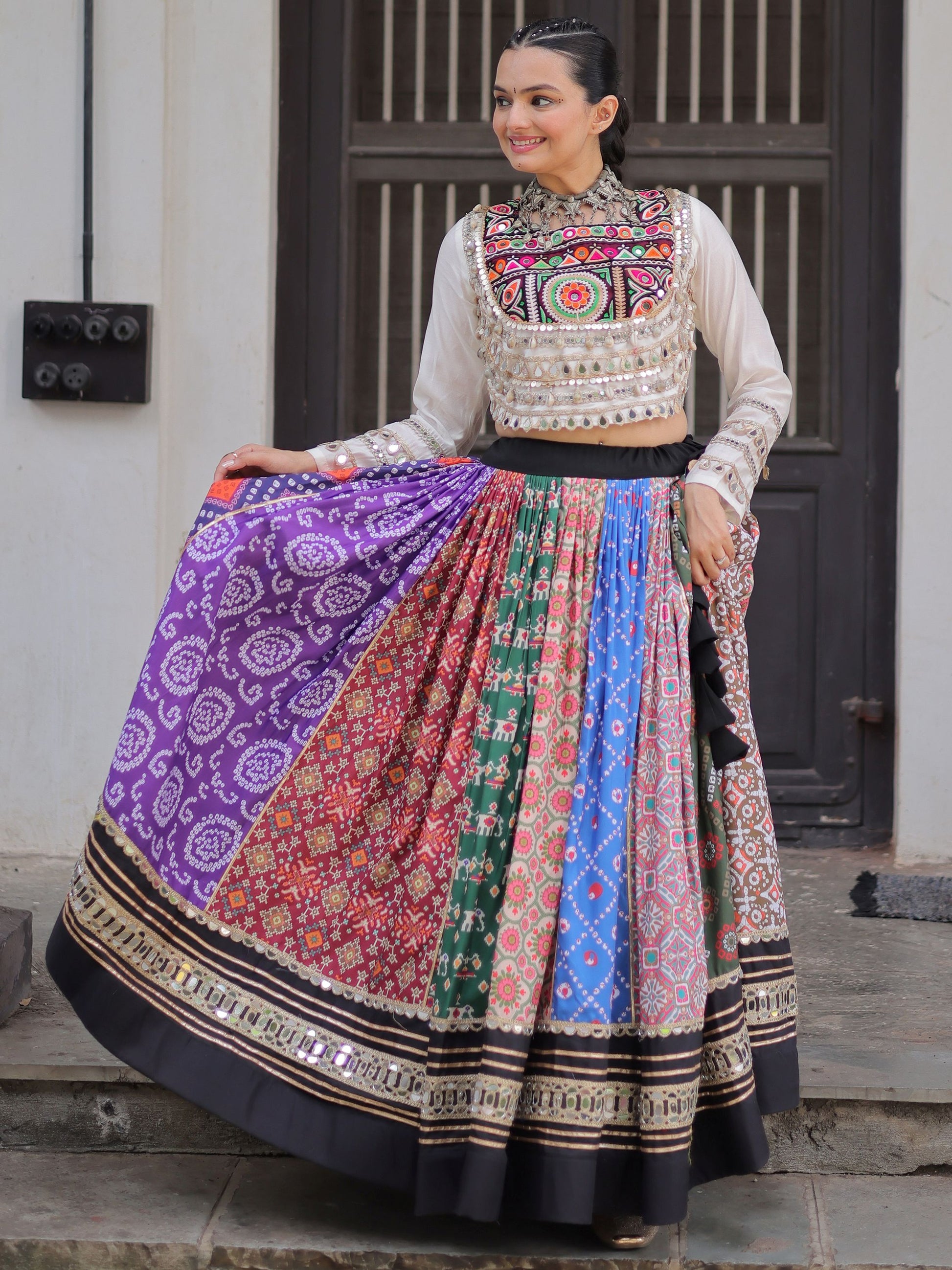 Exquisite Multi-Color Cotton Navratri Special Lehenga With Kutchi Work Blouse