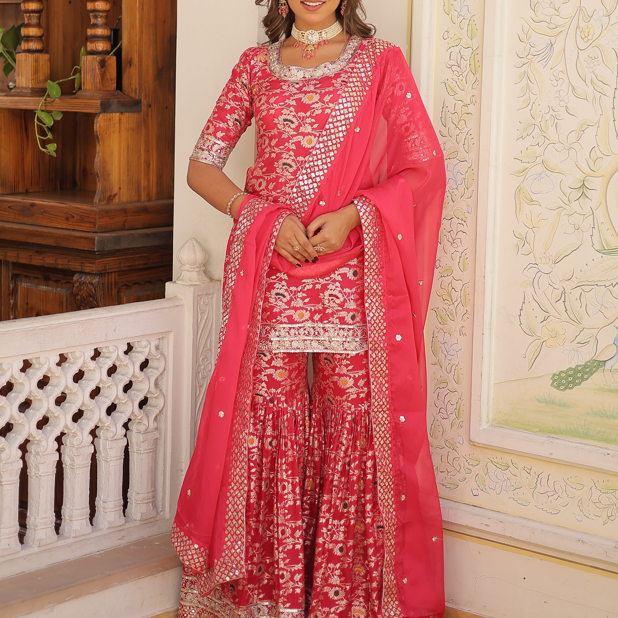 Beautiful Rani Pink Embroidered Jacquard Festival Wear Sharara Suit