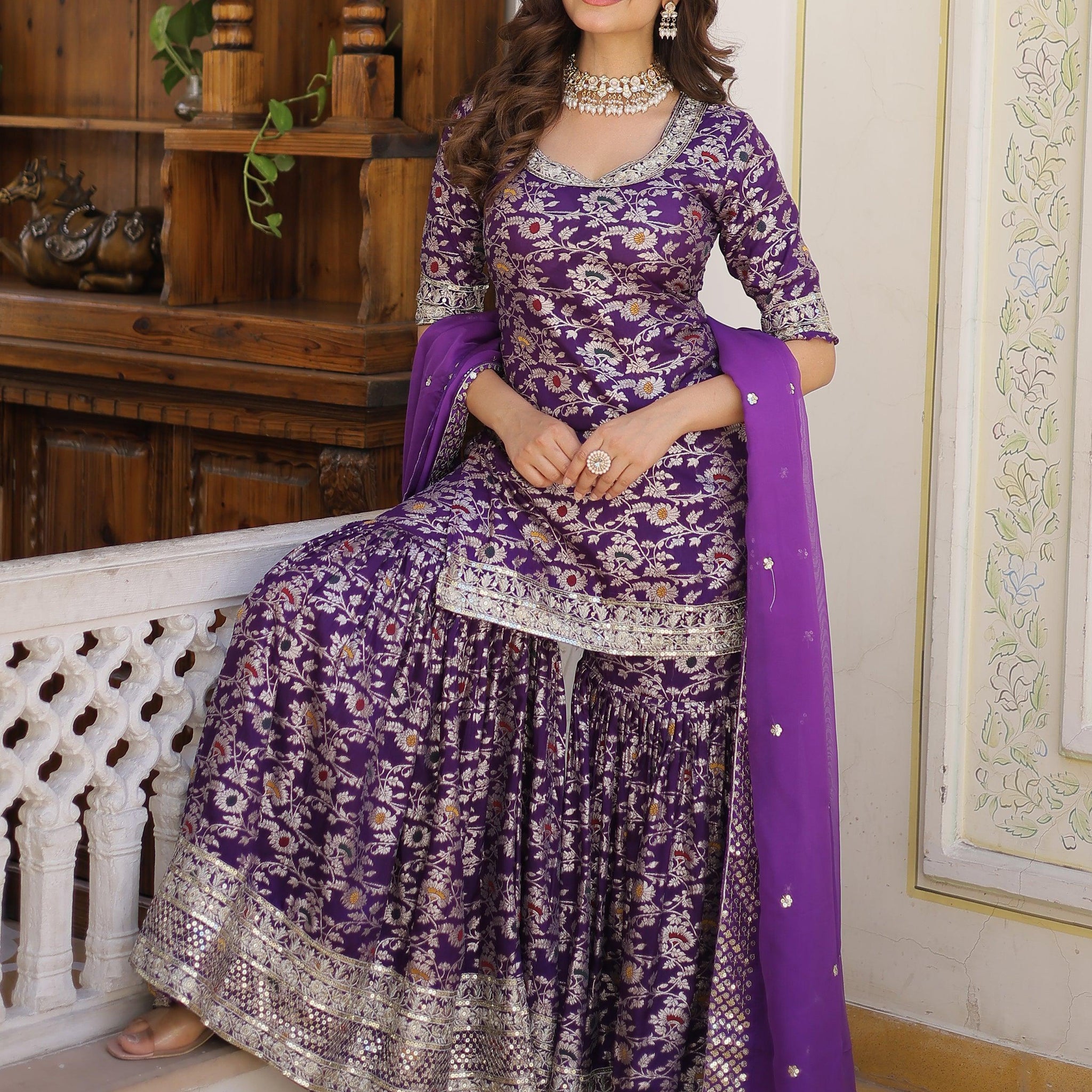 Tantalizing Purple Embroidered Jacquard Wedding Wear Sharara Suit