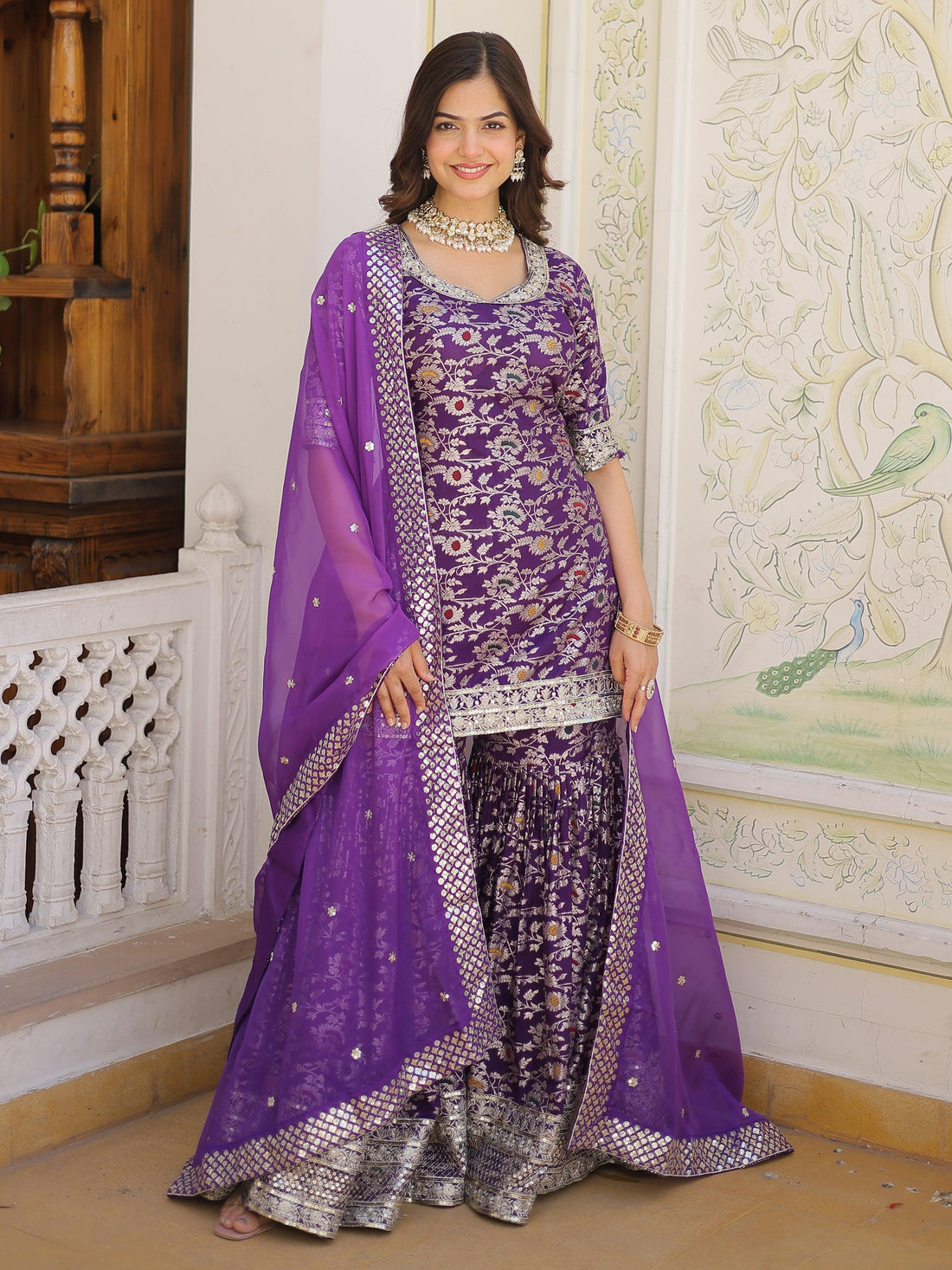Tantalizing Purple Embroidered Jacquard Wedding Wear Sharara Suit