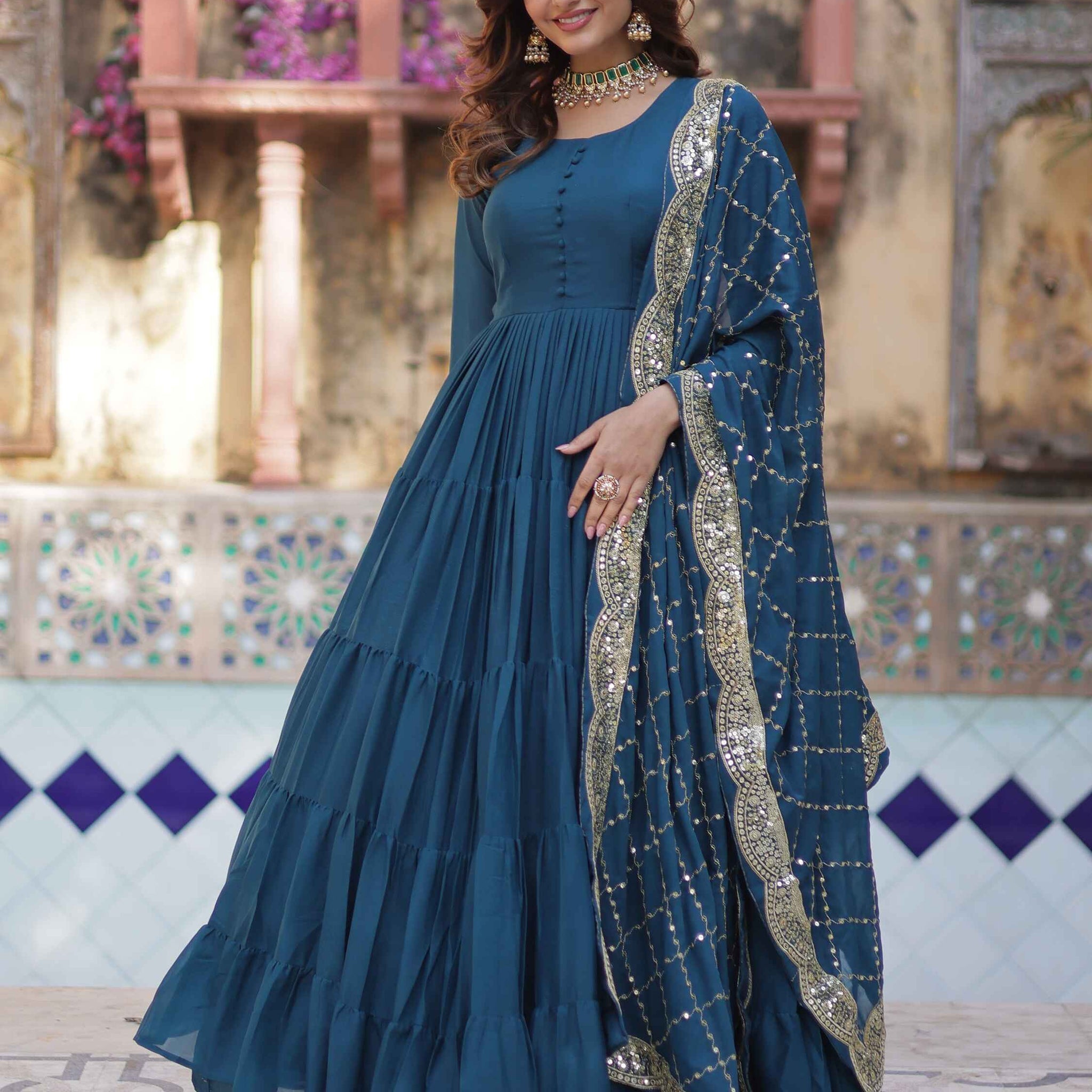 Striking Teal Blue Georgette Event Wear Gown With Dupatta