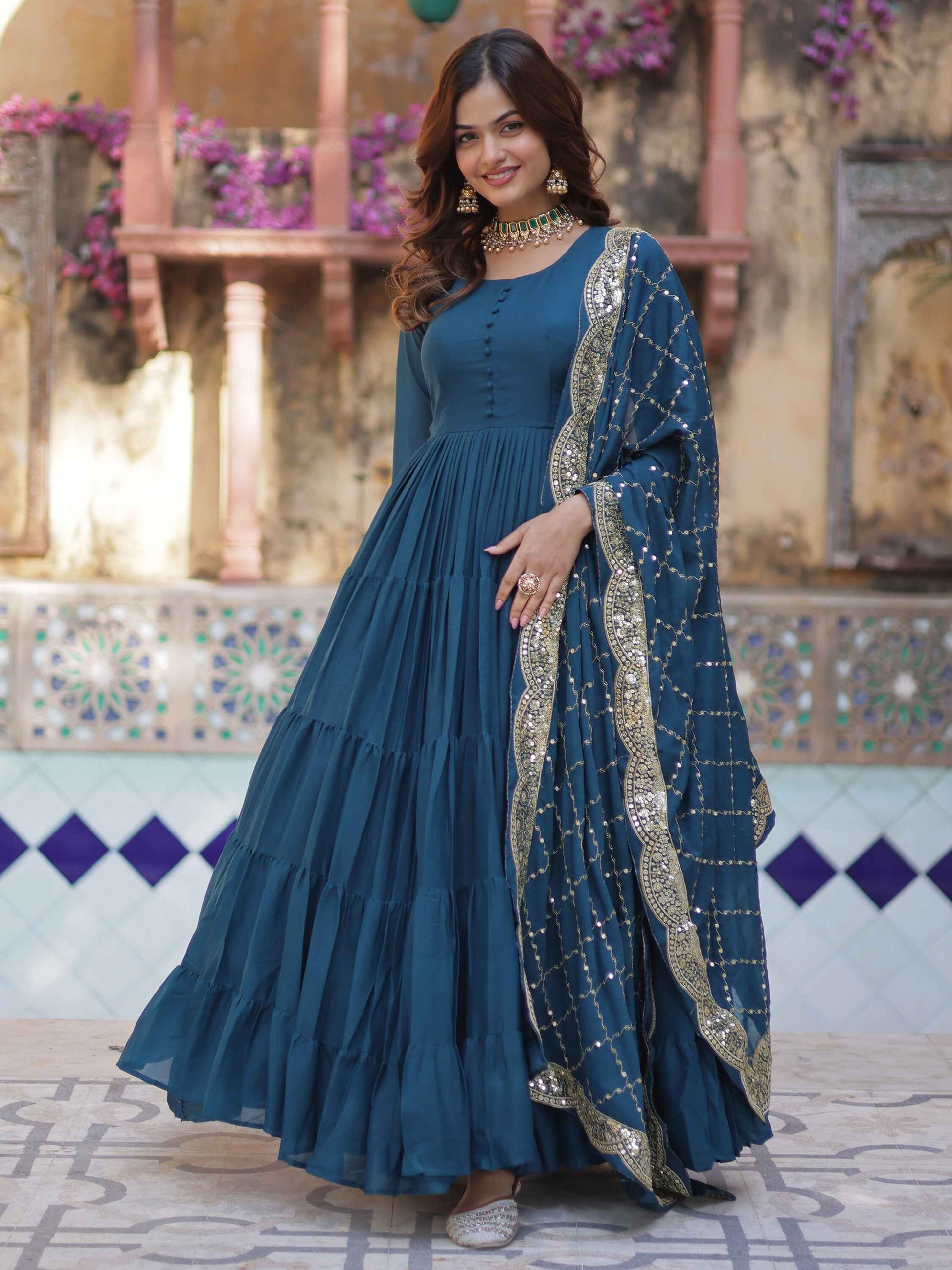 Striking Teal Blue Georgette Event Wear Gown With Dupatta