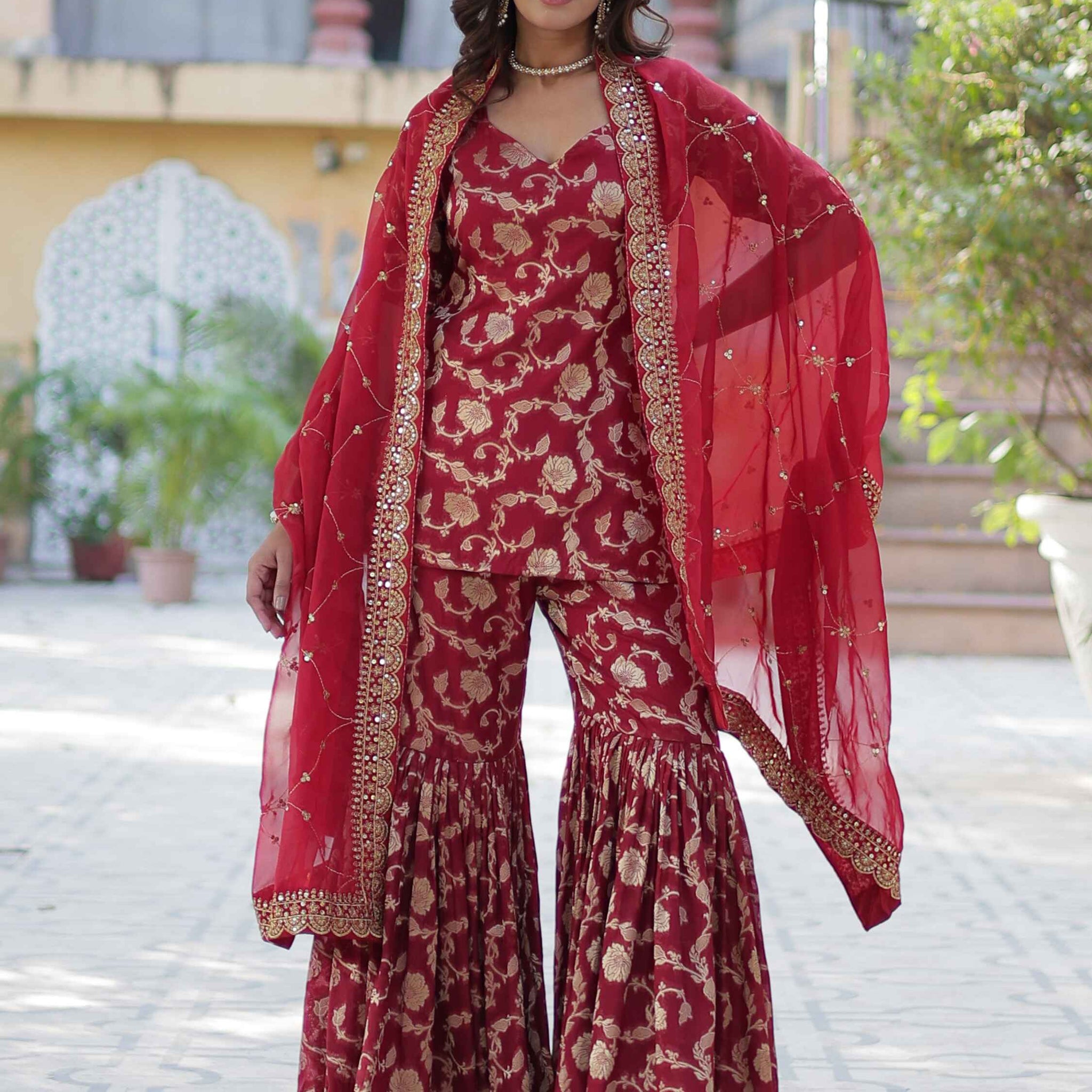 Glorious Maroon Weaving Jacquard Event Wear Sharara Suit