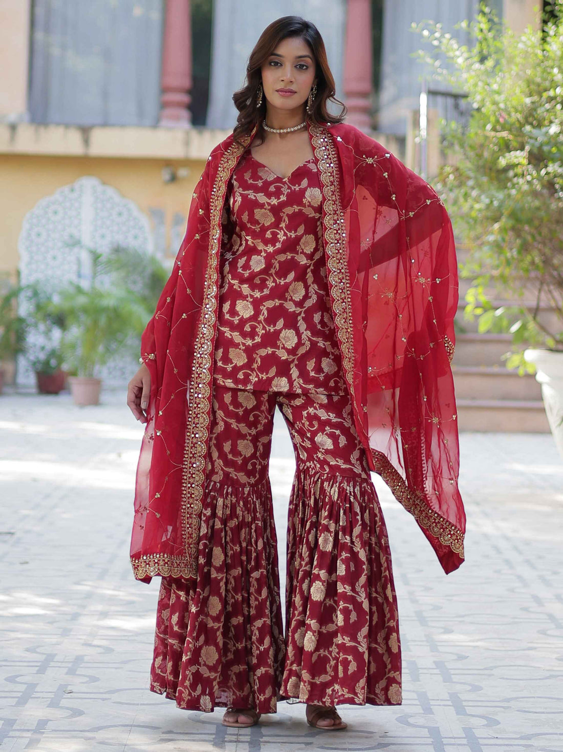 Glorious Maroon Weaving Jacquard Event Wear Sharara Suit