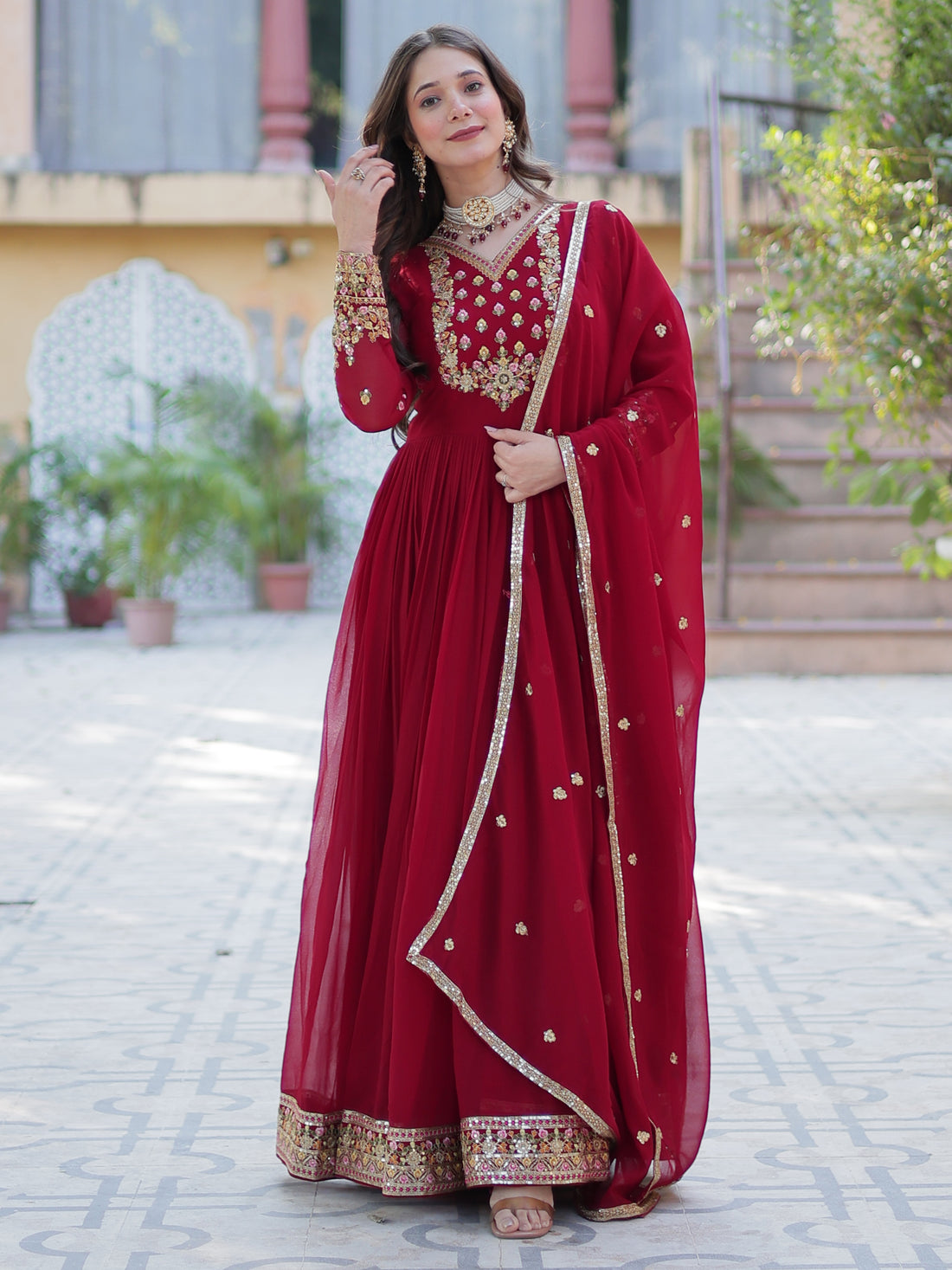 Adorable Maroon Floral Embroidered Georgette Eid Special Gown With Dupatta