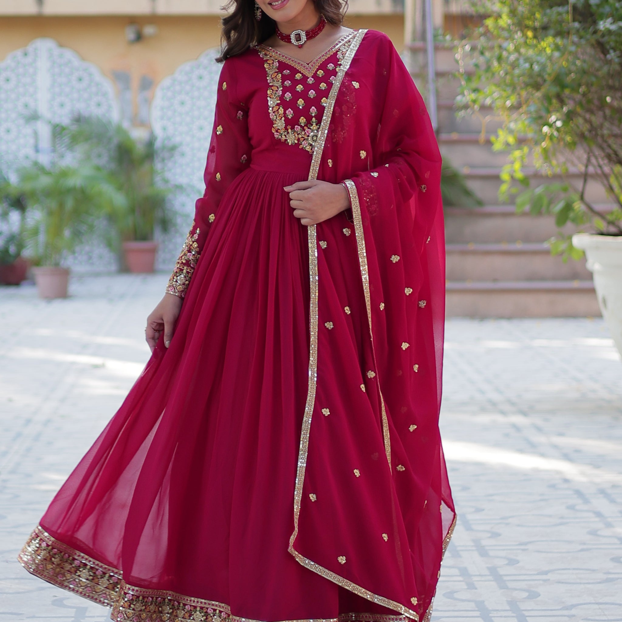 Gorgeous Pink Floral Embroidered Georgette Eid Special Gown With Dupatta