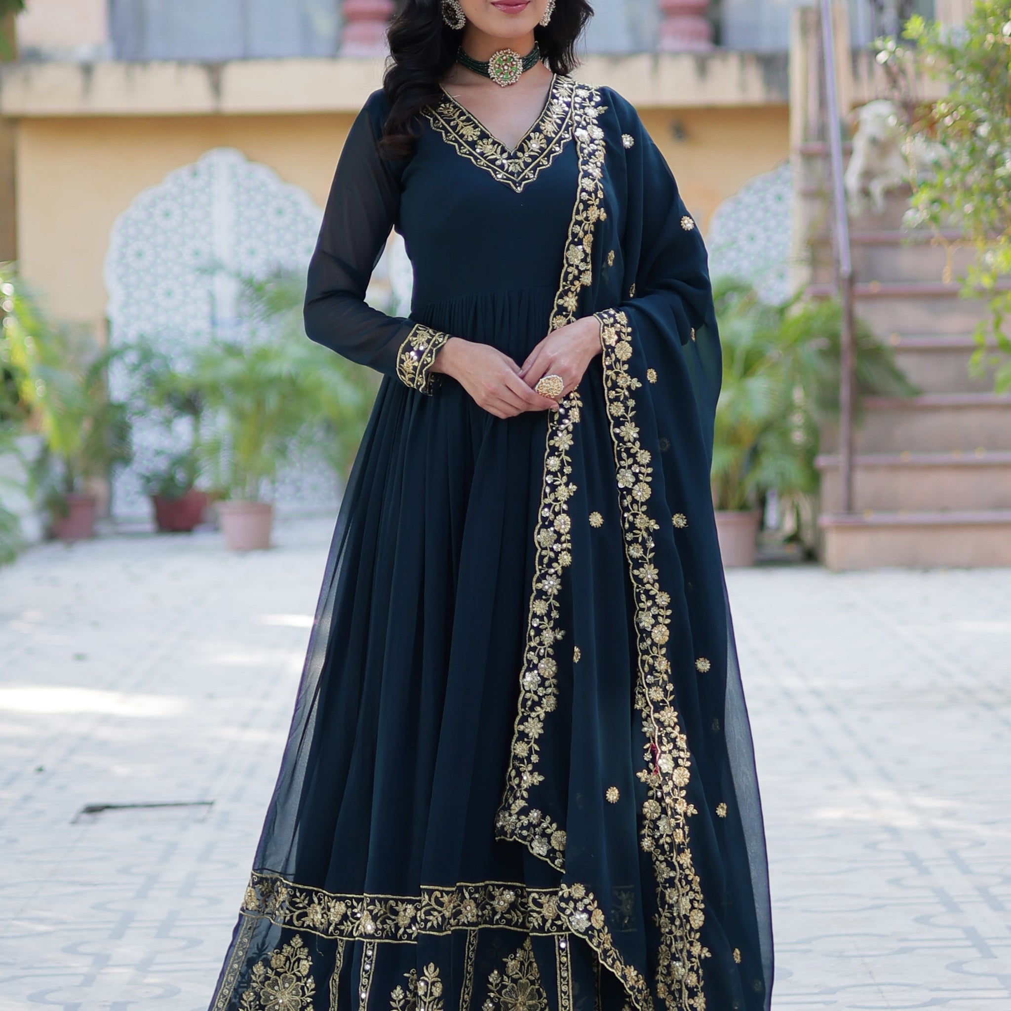 Enchanting Rama Blue Floral Thread Work Georgette Festive Wear Gown With Dupatta