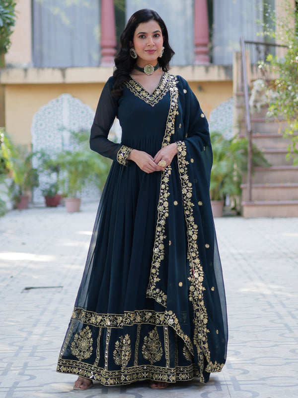 Enchanting Rama Blue Floral Thread Work Georgette Festive Wear Gown With Dupatta