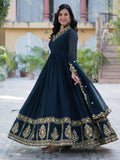Enchanting Rama Blue Floral Thread Work Georgette Festive Wear Gown With Dupatta
