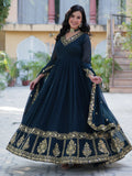 Enchanting Rama Blue Floral Thread Work Georgette Festive Wear Gown With Dupatta