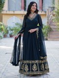 Enchanting Rama Blue Floral Thread Work Georgette Festive Wear Gown With Dupatta