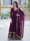 Alluring Wine Floral Thread Work Georgette Engagement Wear Gown With Dupatta