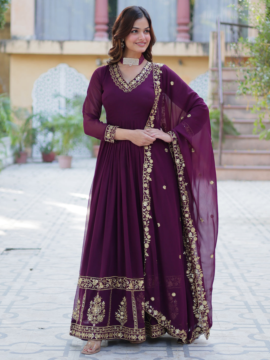 Alluring Wine Floral Thread Work Georgette Engagement Wear Gown With Dupatta