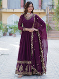 Alluring Wine Floral Thread Work Georgette Engagement Wear Gown With Dupatta