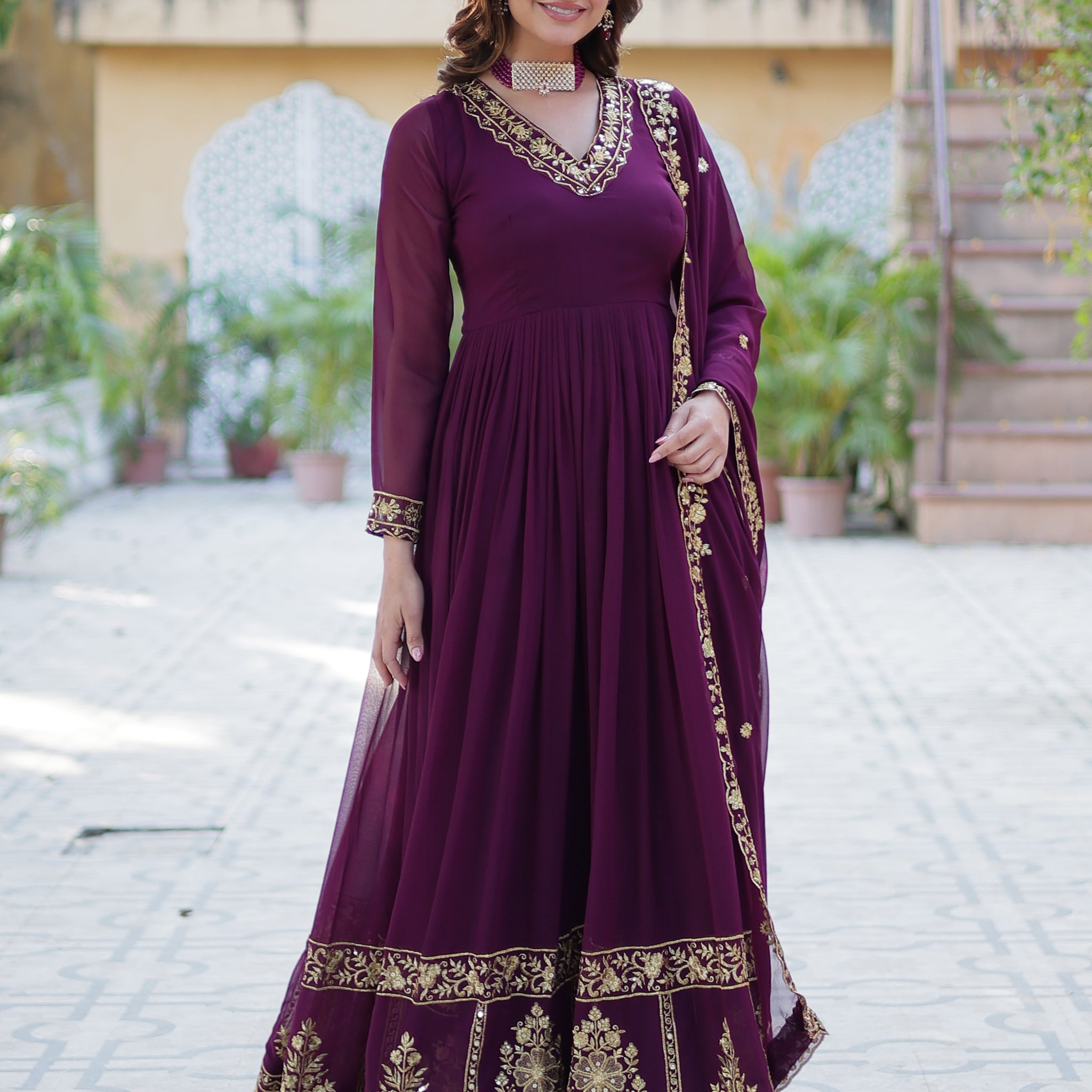 Alluring Wine Floral Thread Work Georgette Engagement Wear Gown With Dupatta