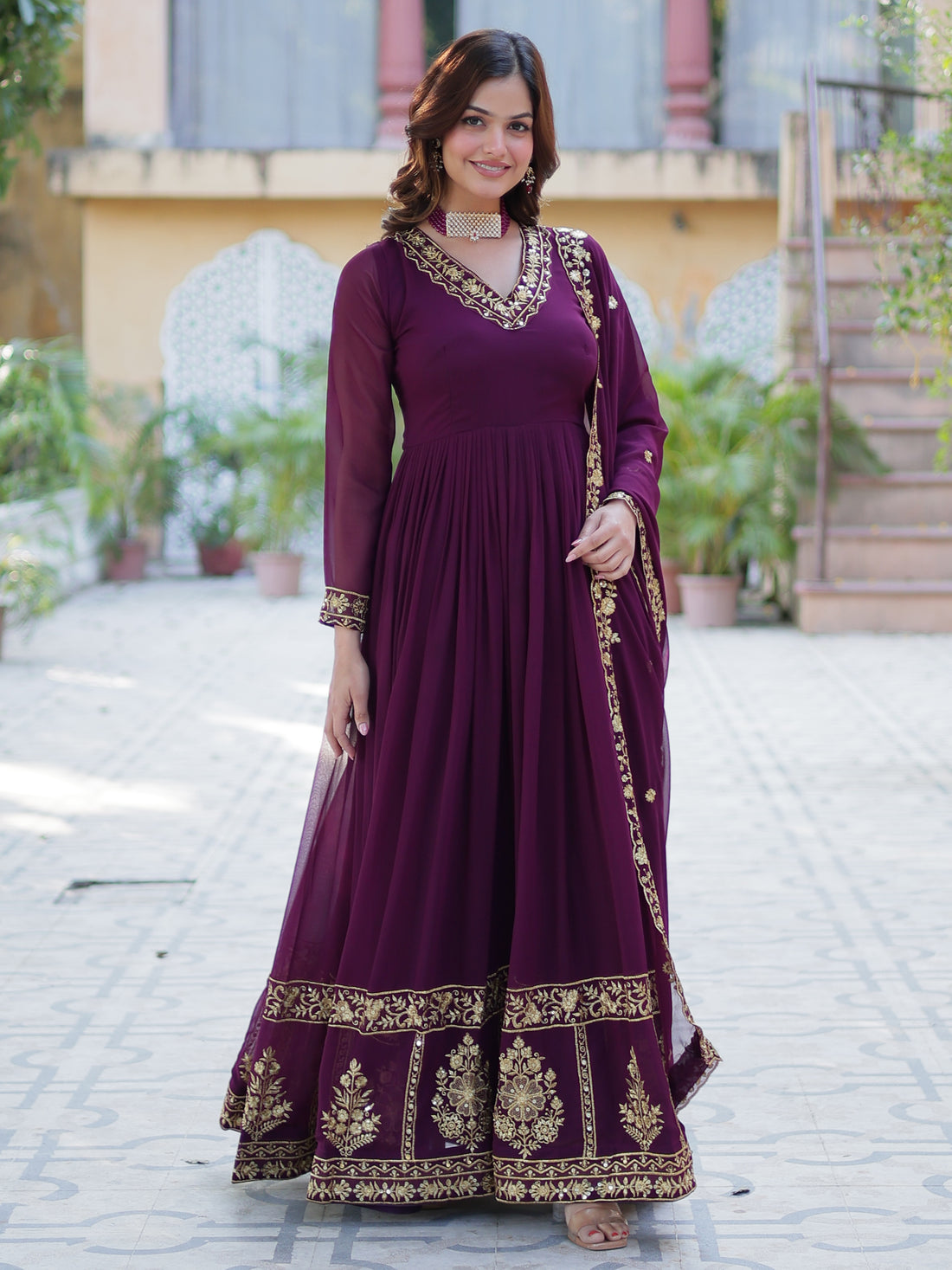 Alluring Wine Floral Thread Work Georgette Engagement Wear Gown With Dupatta