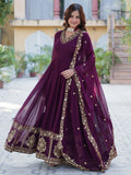 Alluring Wine Floral Thread Work Georgette Engagement Wear Gown With Dupatta