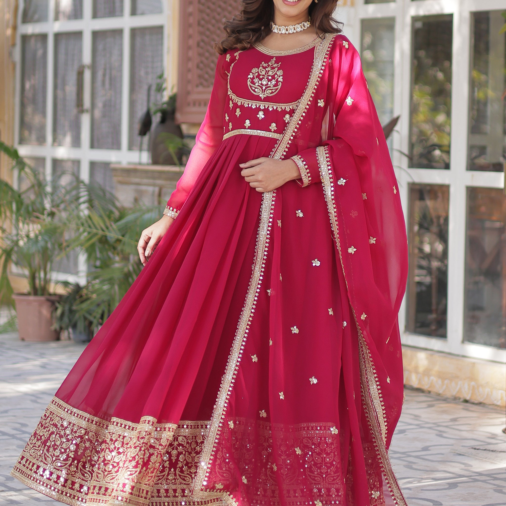 Attractive Pink Sequins Work Georgette Wedding Wear Gown With Dupatta