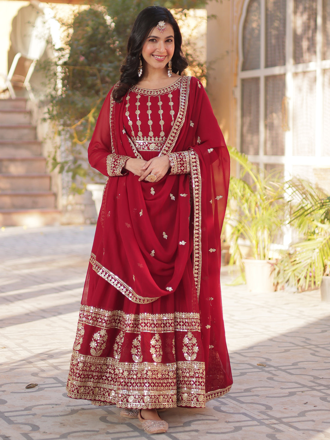 Attractive Maroon Zari Embroidery Georgette Wedding Wear Gown With Dupatta