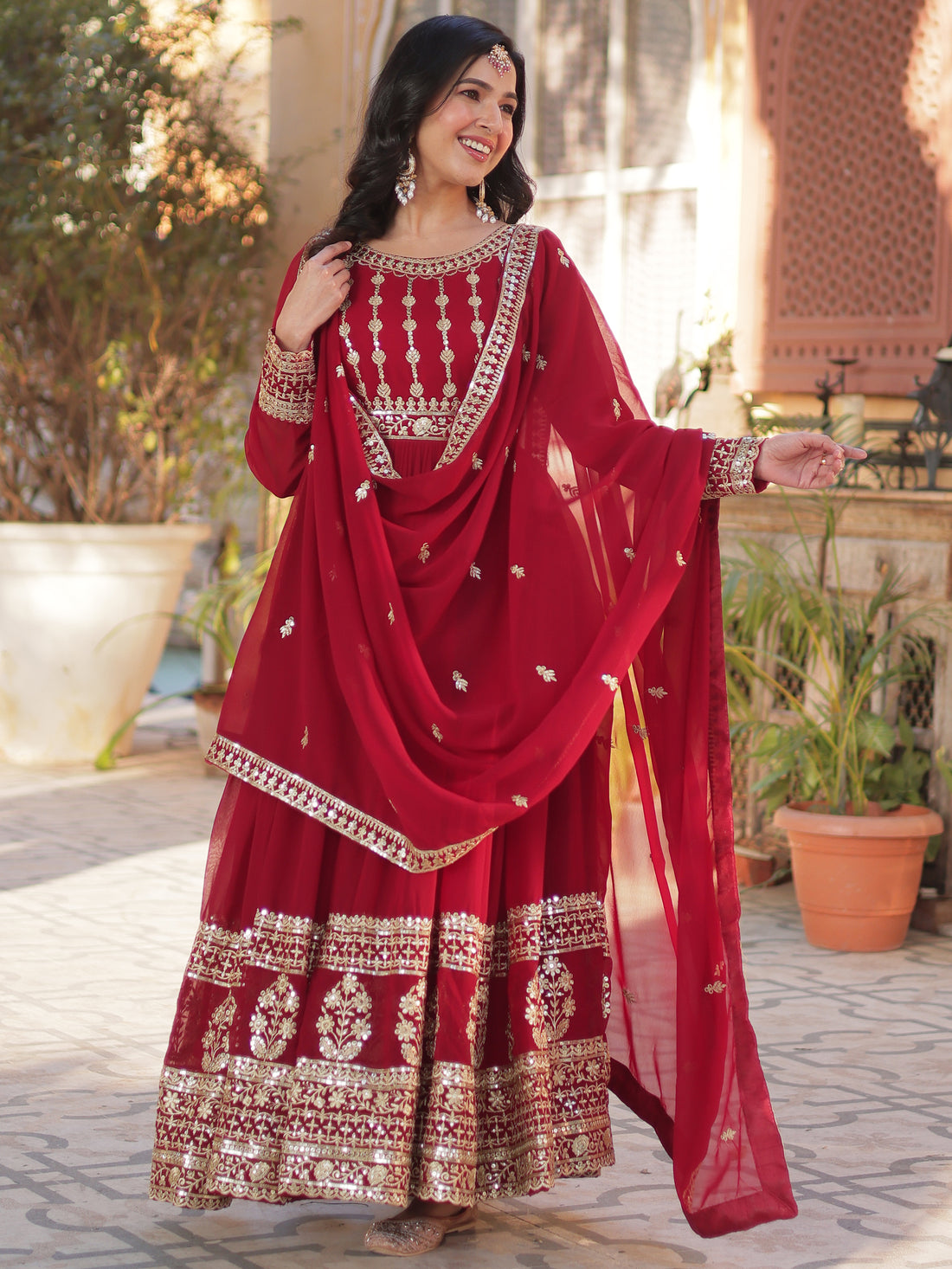 Attractive Maroon Zari Embroidery Georgette Wedding Wear Gown With Dupatta