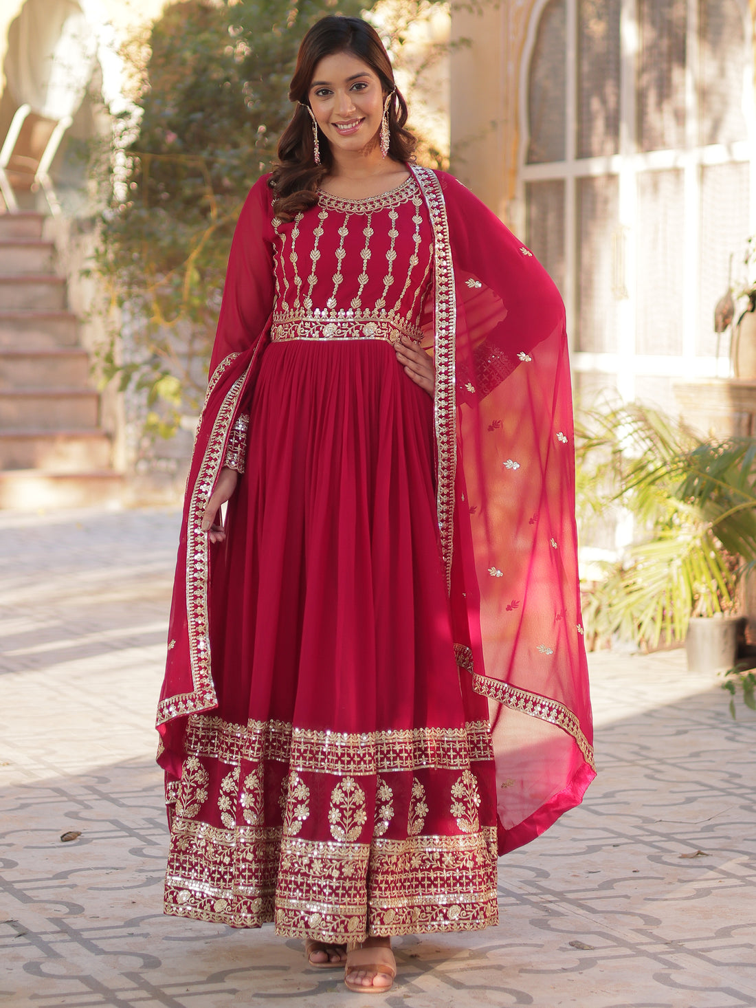 Sophisticated Pink Zari Embroidery Georgette Eid Special Gown With Dupatta
