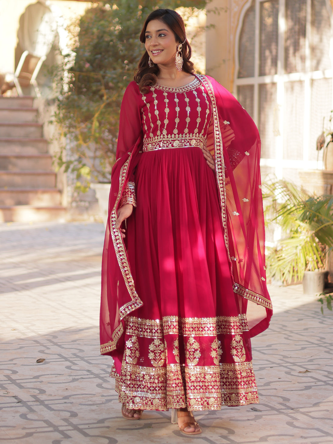 Sophisticated Pink Zari Embroidery Georgette Eid Special Gown With Dupatta