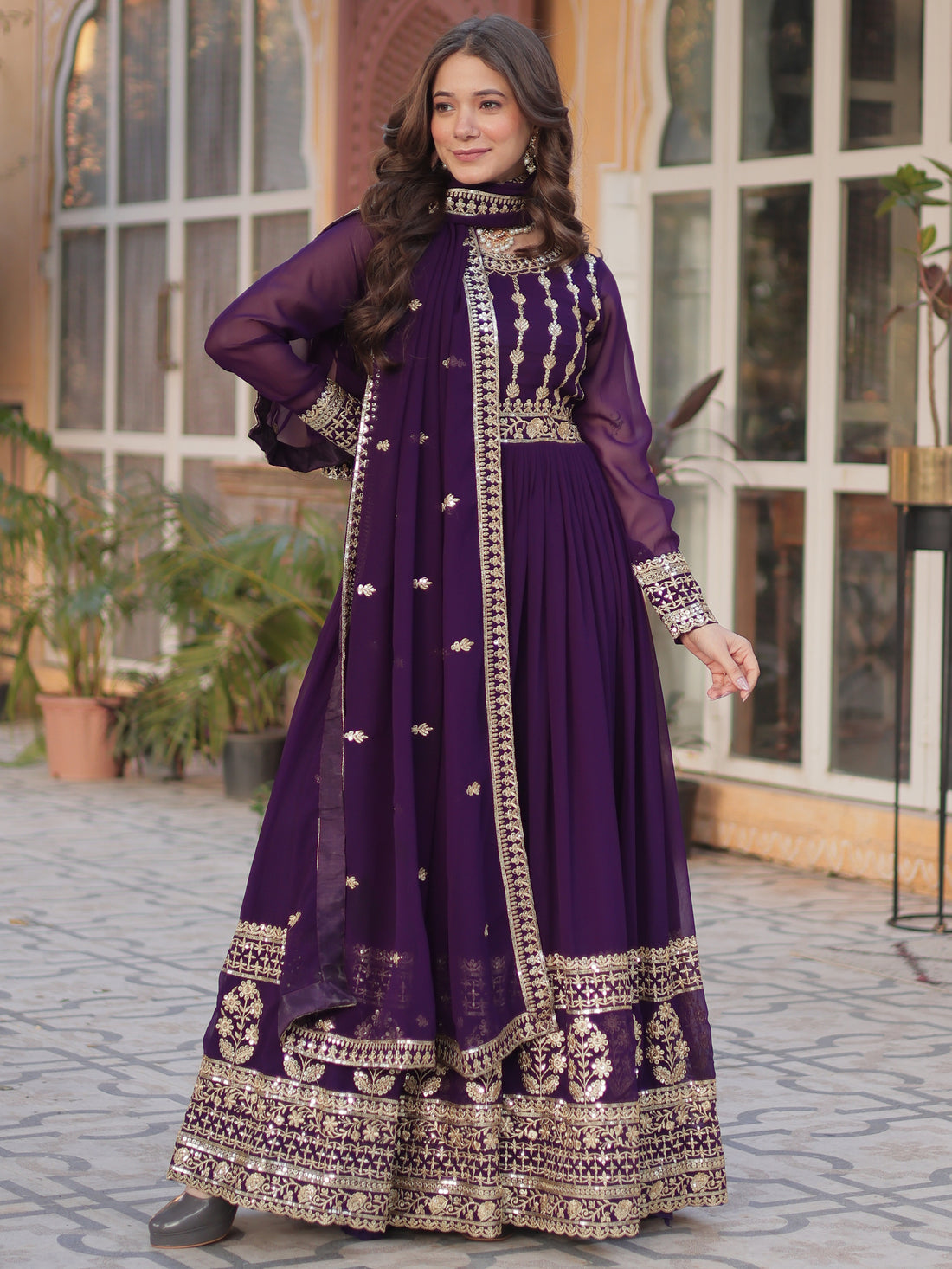 Captivating Wine Zari Embroidery Georgette Engagement Wear Gown With Dupatta