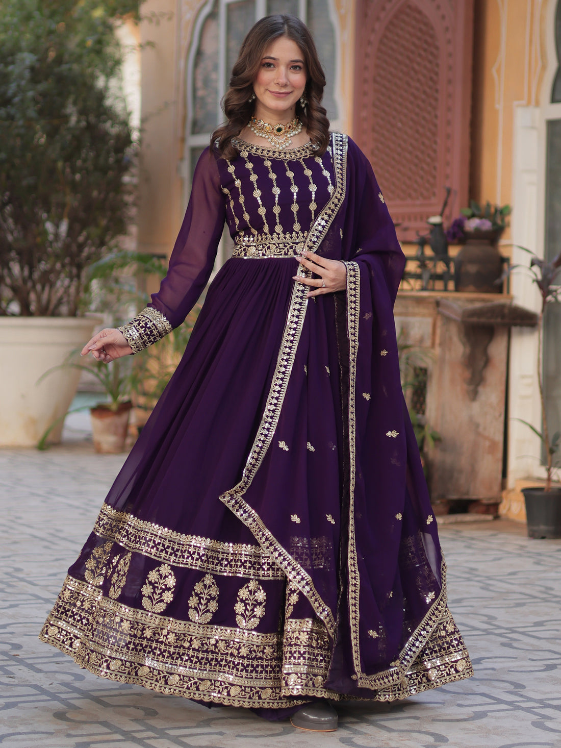 Captivating Wine Zari Embroidery Georgette Engagement Wear Gown With Dupatta