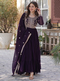 Pretty Wine Pearl Work Georgette Party Wear Gown With Dupatta
