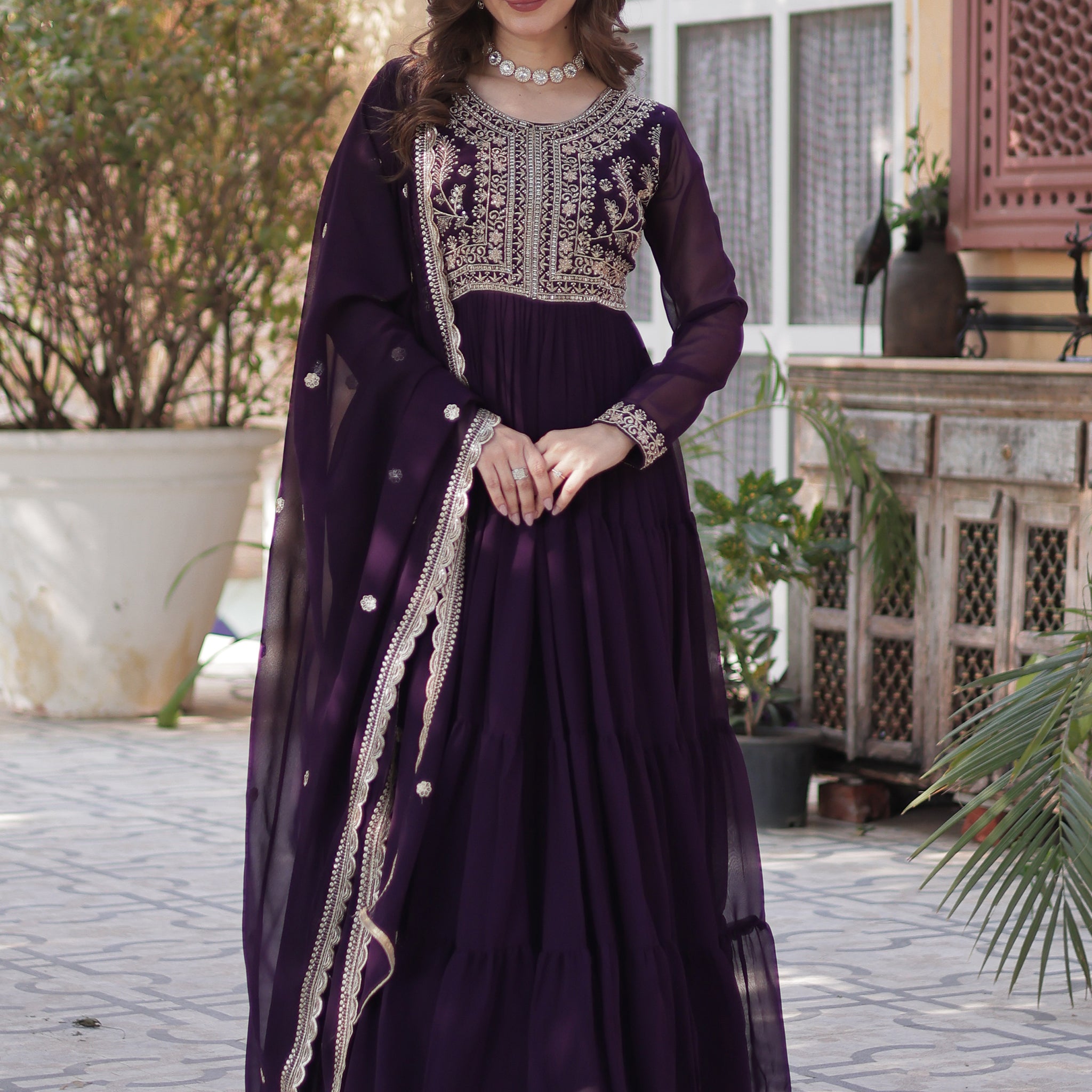 Pretty Wine Pearl Work Georgette Party Wear Gown With Dupatta