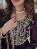 Pretty Wine Pearl Work Georgette Party Wear Gown With Dupatta