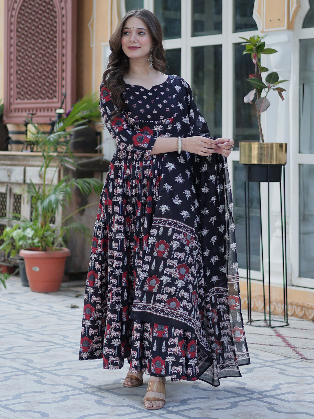 Stunning Black Pichwai Printed Cotton Casual Wear Anarkali Suit With Dupatta