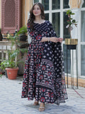 Stunning Black Pichwai Printed Cotton Casual Wear Anarkali Suit With Dupatta