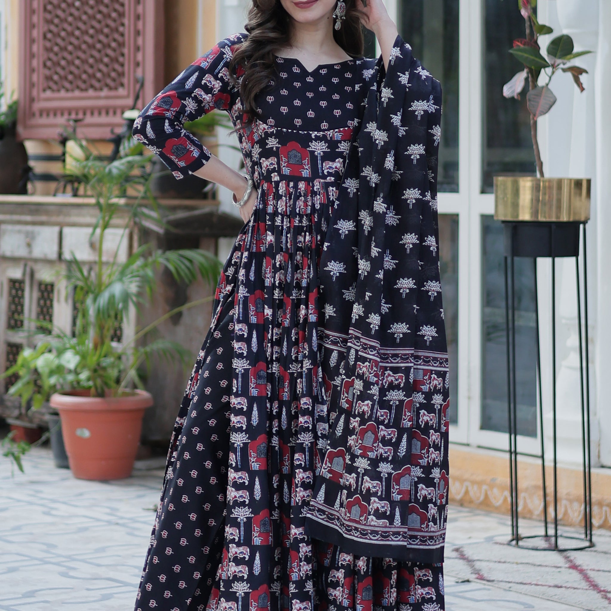 Stunning Black Pichwai Printed Cotton Casual Wear Anarkali Suit With Dupatta