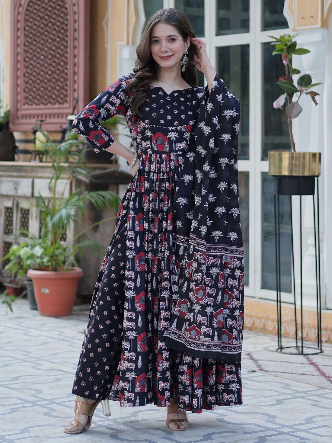 Stunning Black Pichwai Printed Cotton Casual Wear Anarkali Suit With Dupatta