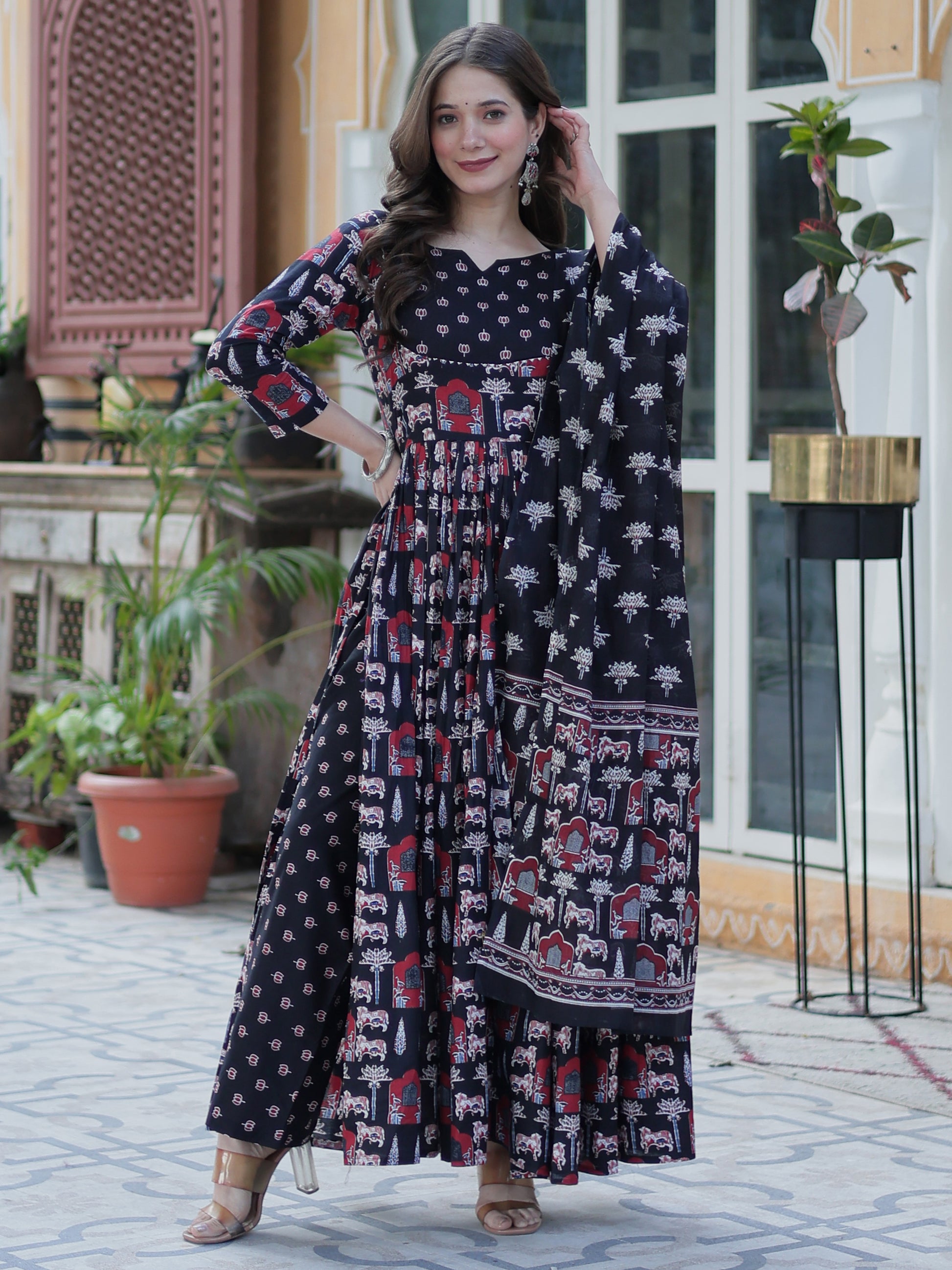 Stunning Black Pichwai Printed Cotton Casual Wear Anarkali Suit With Dupatta