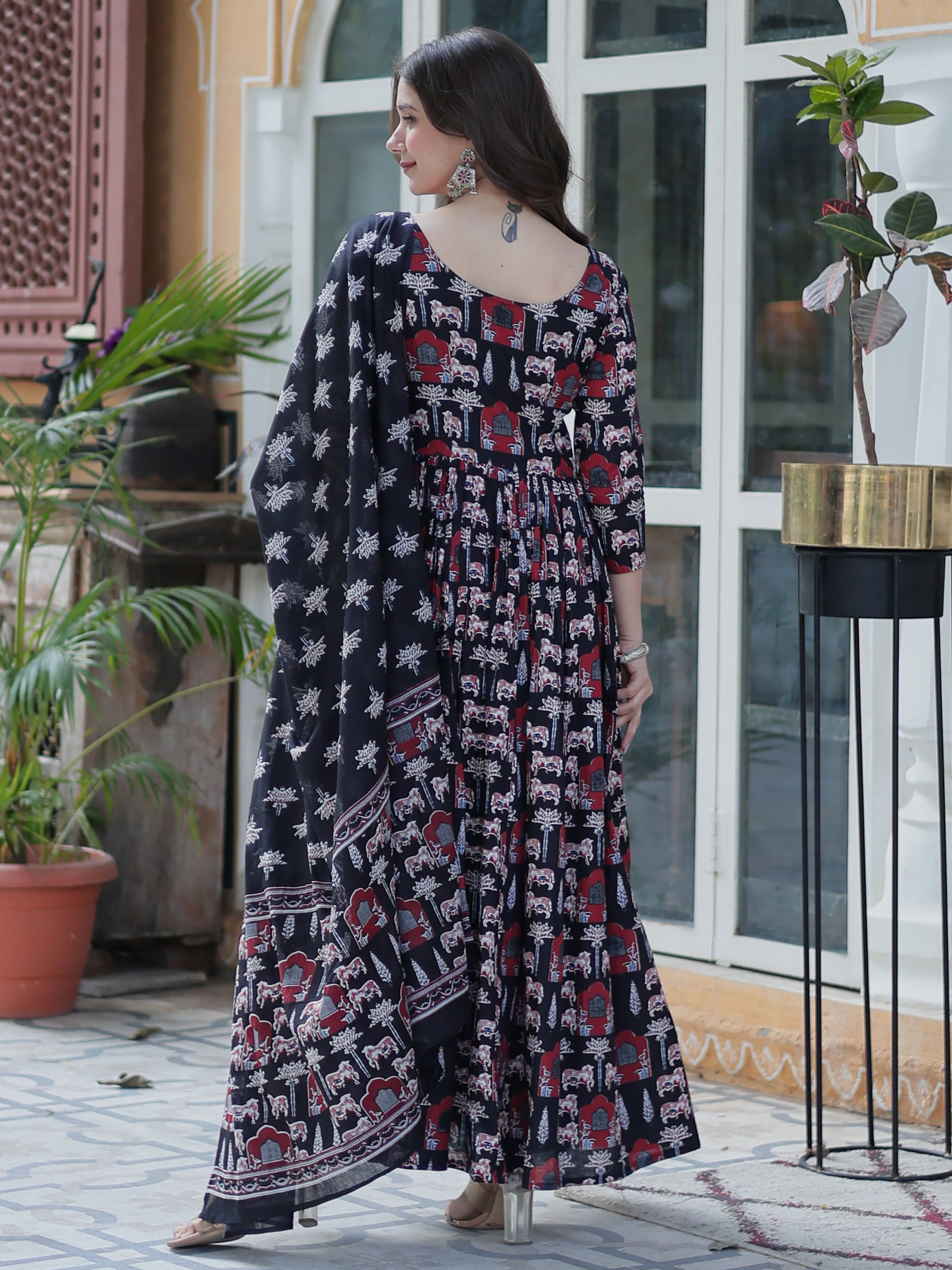 Stunning Black Pichwai Printed Cotton Casual Wear Anarkali Suit With Dupatta