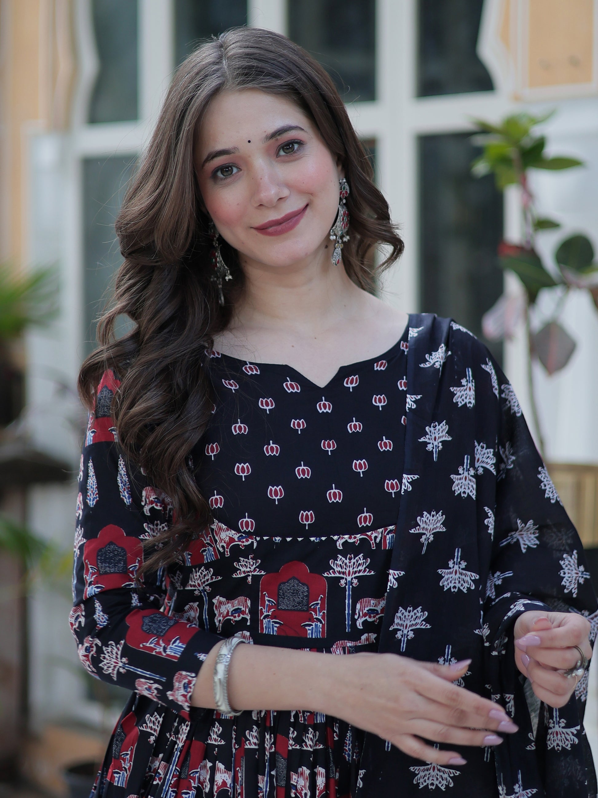 Stunning Black Pichwai Printed Cotton Casual Wear Anarkali Suit With Dupatta
