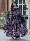 Stunning Black Pichwai Printed Cotton Casual Wear Anarkali Suit With Dupatta