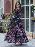 Stunning Black Pichwai Printed Cotton Casual Wear Anarkali Suit With Dupatta