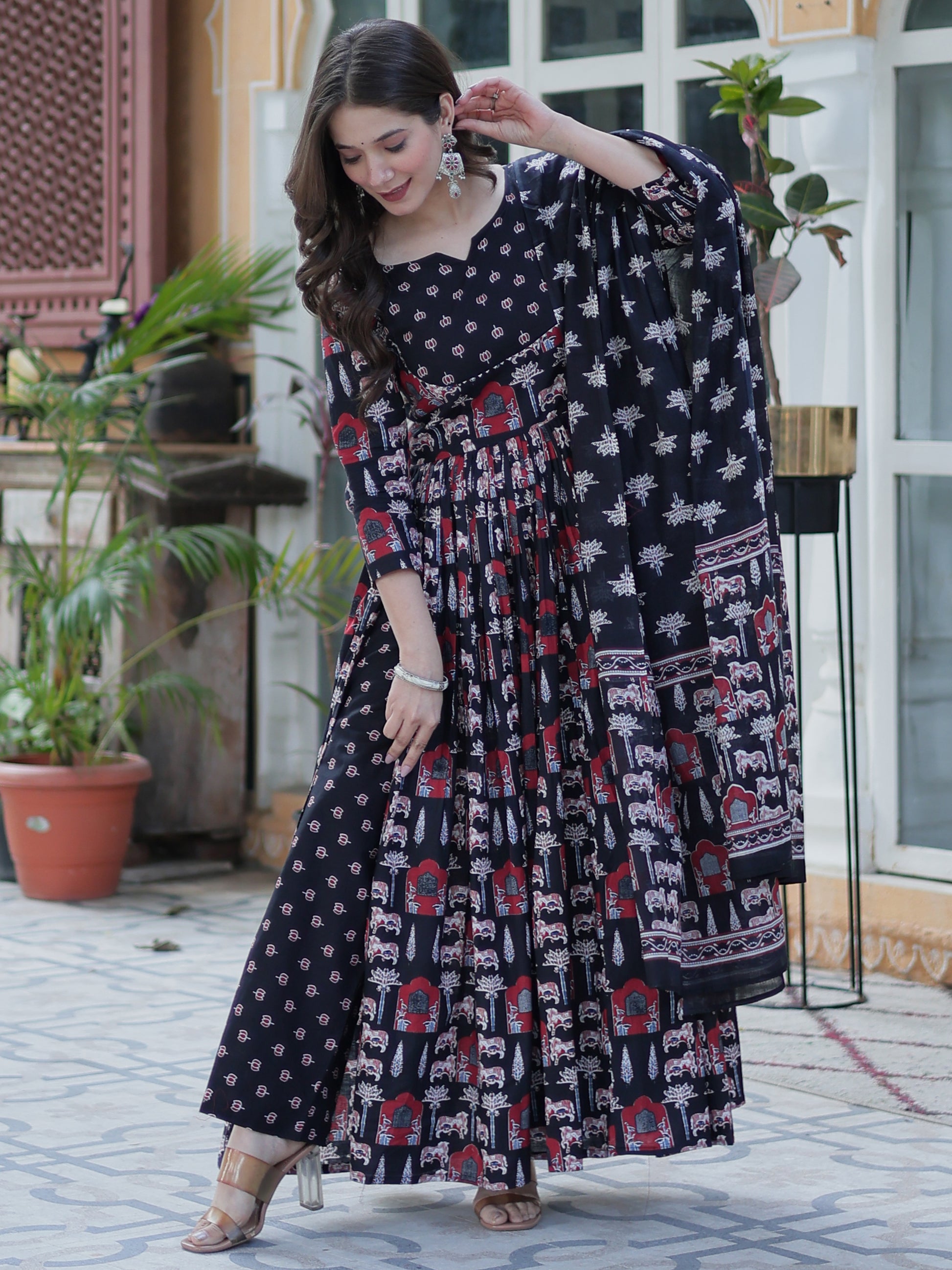 Stunning Black Pichwai Printed Cotton Casual Wear Anarkali Suit With Dupatta