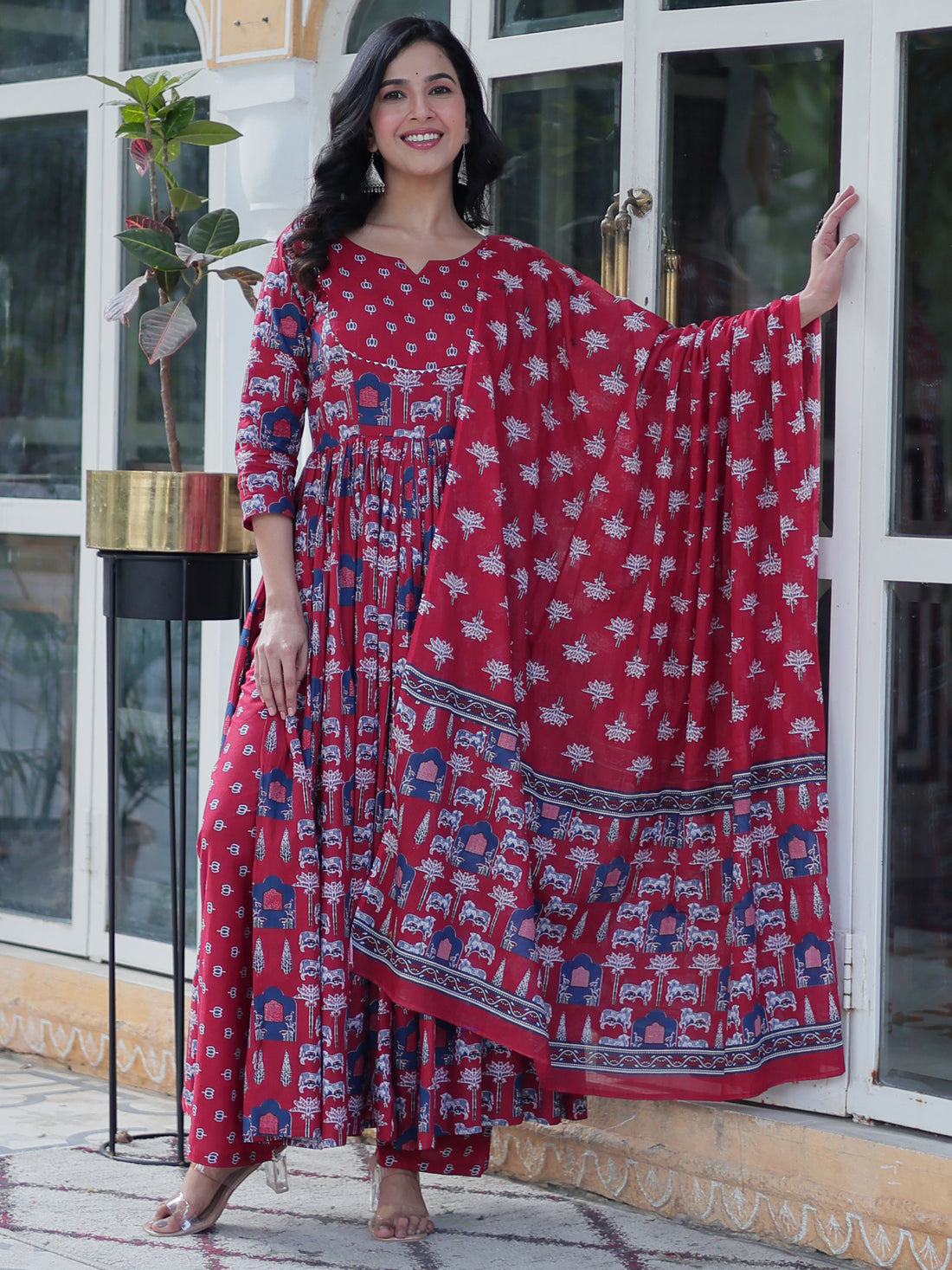 Gorgeous Maroon Pichwai Printed Cotton Traditional Anarkali Suit With Dupatta