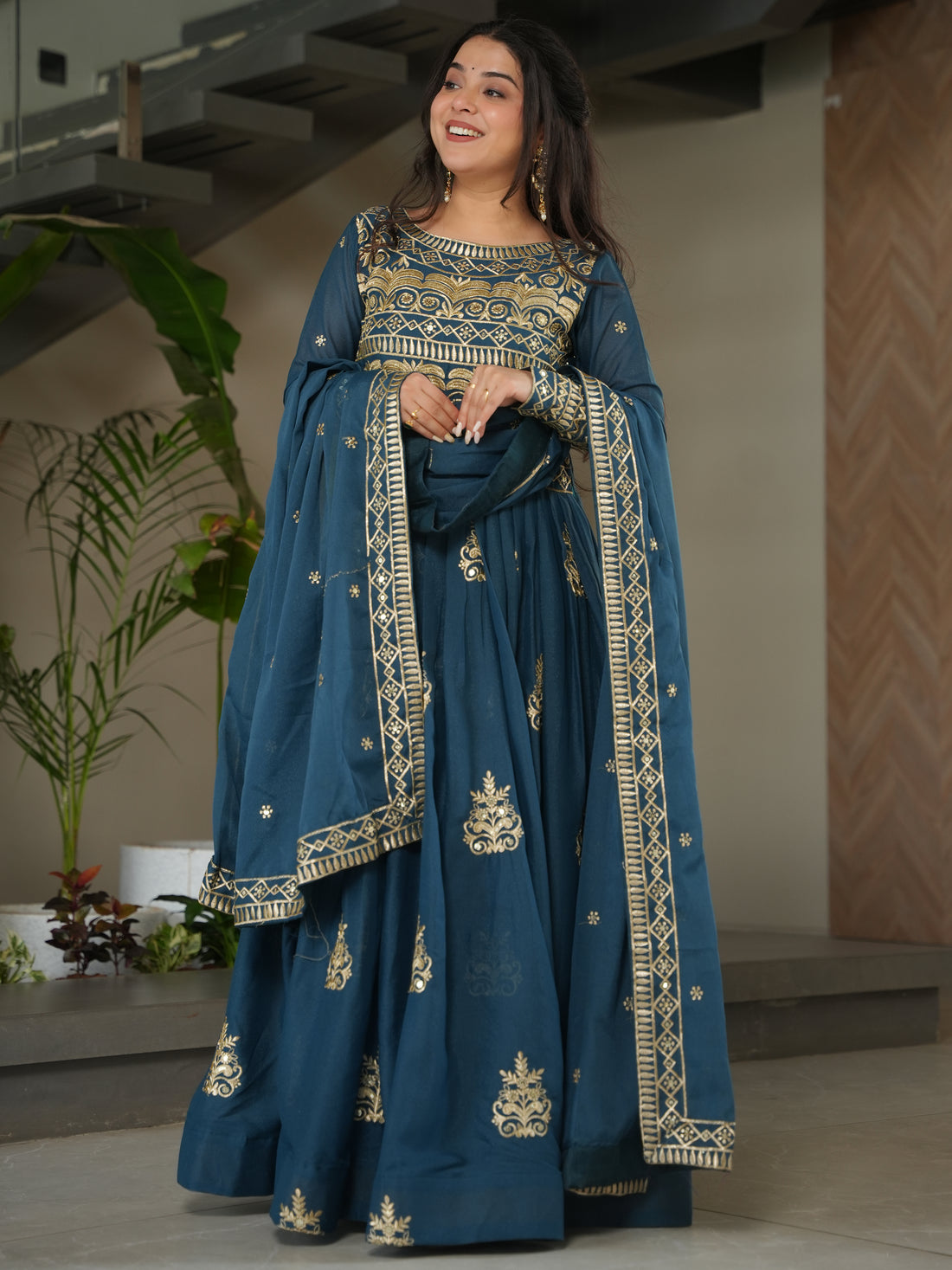 Wonderful Teal Blue Sequins Chinon Event Wear Gown With Dupatta