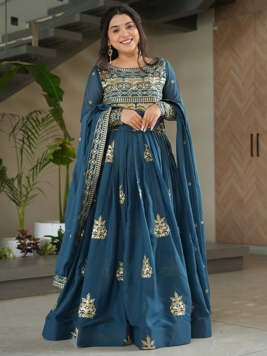 Wonderful Teal Blue Sequins Chinon Event Wear Gown With Dupatta