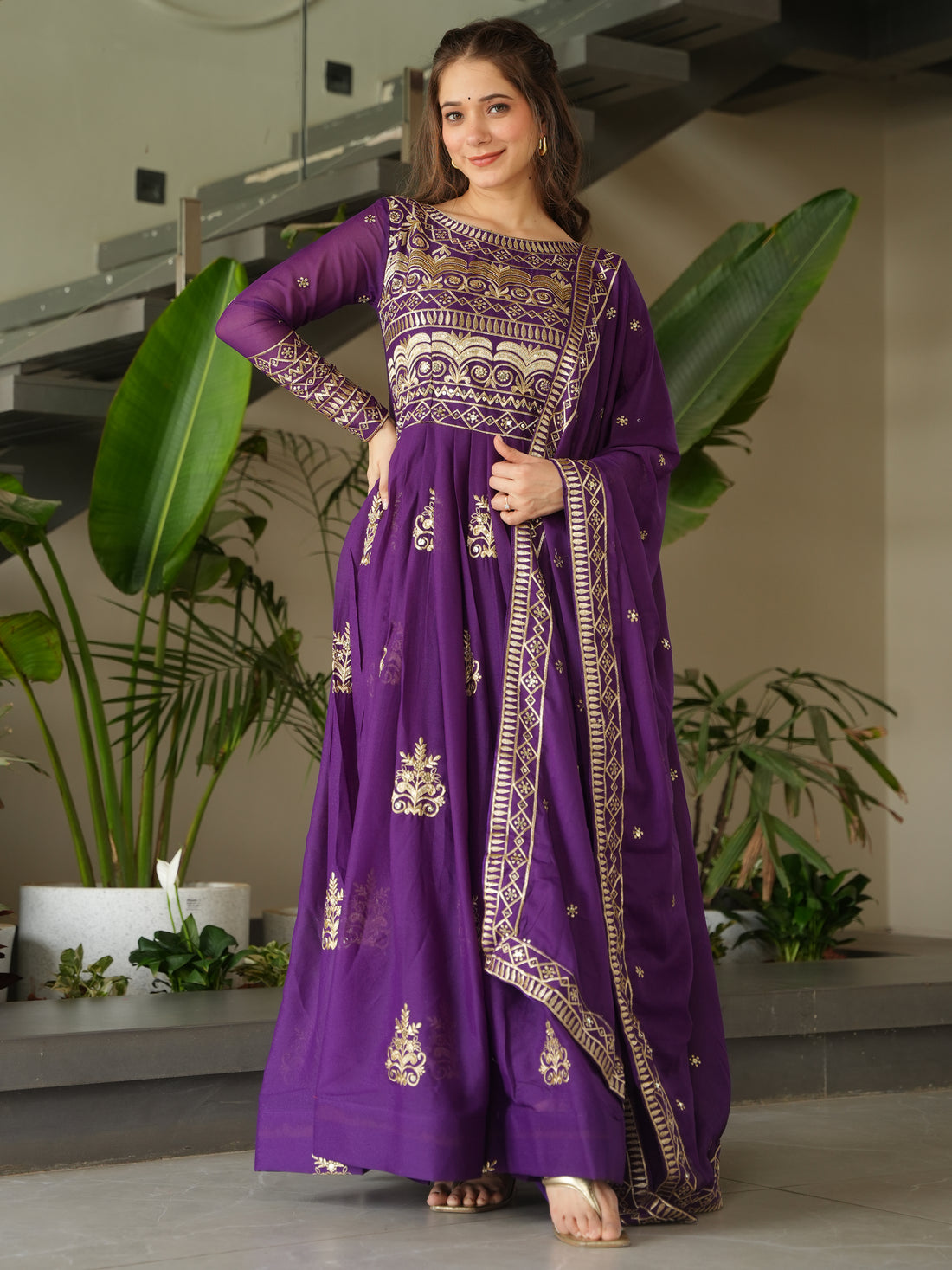 Dazzling Purple Sequins Chinon Engagement Wear Gown With Dupatta