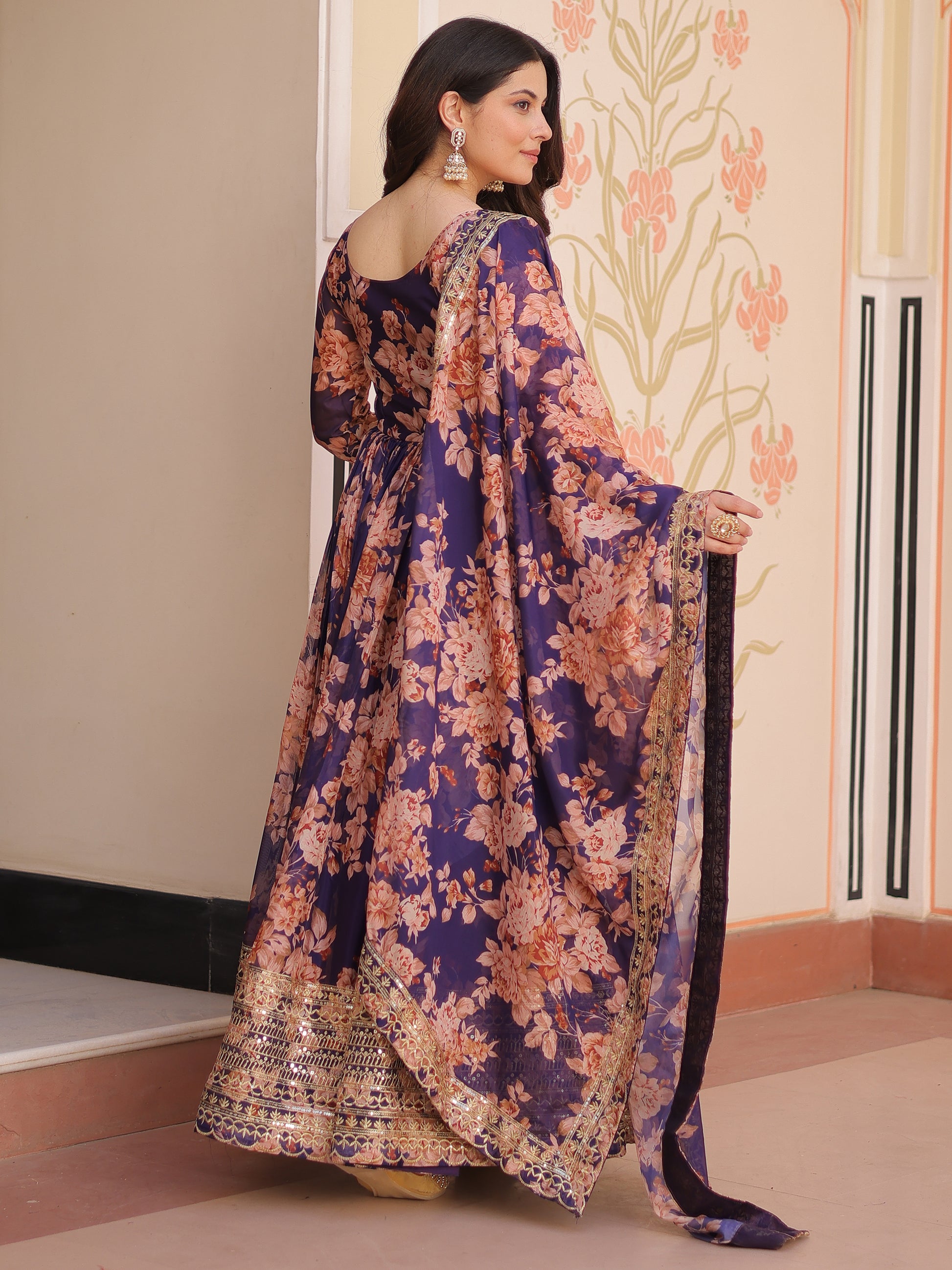 Glamorous Purple Floral Printed Silk Festival Wear Gown With Dupatta