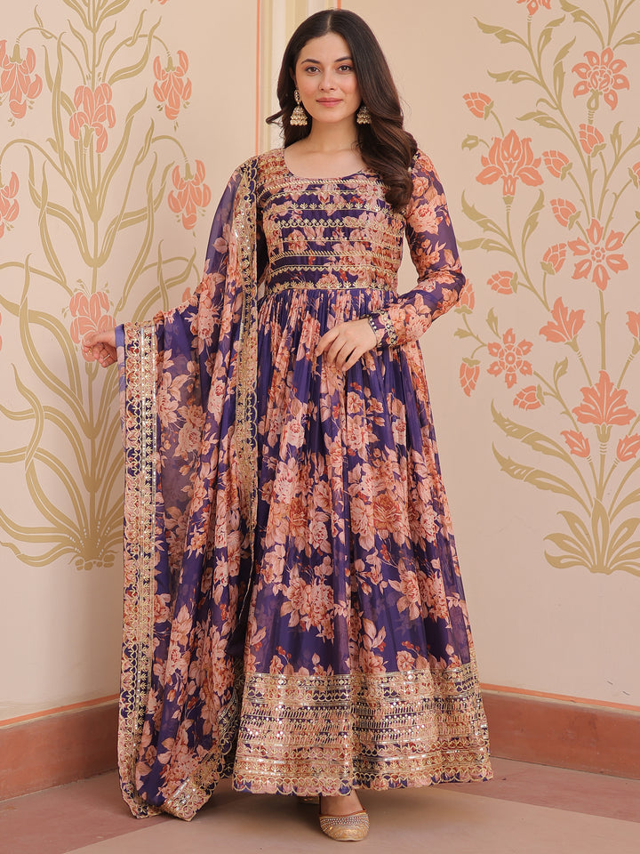 Glamorous Purple Floral Printed Silk Festival Wear Gown With Dupatta