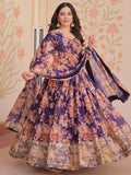Glamorous Purple Floral Printed Silk Festival Wear Gown With Dupatta